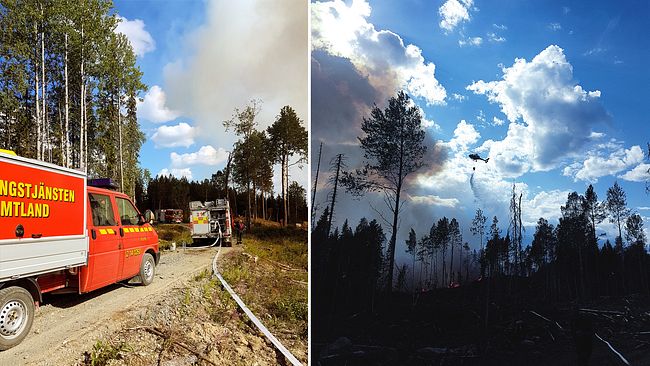 brandbilar på skogsväg, och en helikopter som som flyger över brinnande skog och släpper vatten