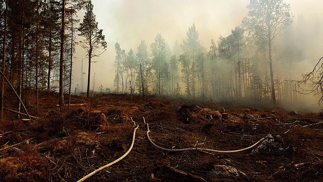 Tjock brandrök stiger från marken i skogen vid bränderna i Jämtlands län.