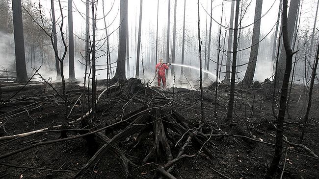 Släckningsarbetet fortsätter i det brandhärjade området. 200 personer kämpade på marken med att hålla elden i schack.