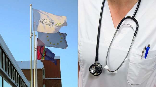 Tvådelad bild på dels flaggor där det bland annat står ”Region Jämtland Härjedalen”, dels en person i sjukvårdskläder. Regionen hette tidigare Jämtlands läns landsting. Här ligger Östersunds sjukhus.