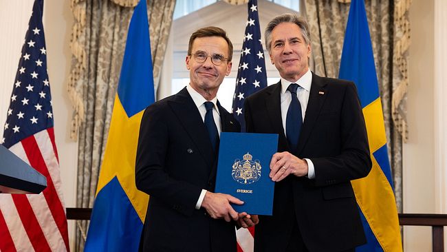 Sveriges statsminister Ulf Kristersson och USA:s utrikesminister Antony Blinken.