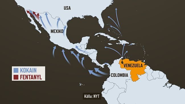 Karta som visar smuggelleder för kokain och fentanyl från Venezuela och Mexiko till USA.