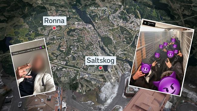 En karta på Ronna och Saltskog. Bilder på kriminella i Ronnafalangen och Saltskogsfalangen.