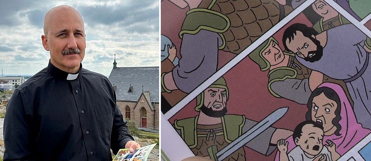 Präst i svart skjorta håller en serietidning utanför en kyrka, närbild på serietidningens sida.