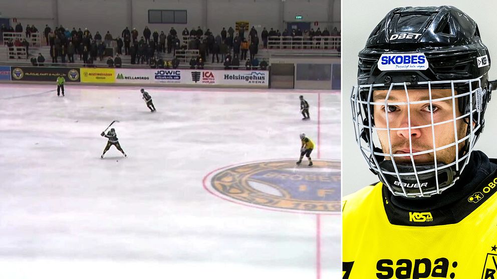 En delad bild med två sektioner: den vänstra visar en hockeymatch på is, där spelare i gröna och gula tröjor är i spel medan publiken sitter på läktaren, och den högra sektionen visar en närbild av en hockeyspelare iklädd hjälm och matchtröja med sponsormärken.