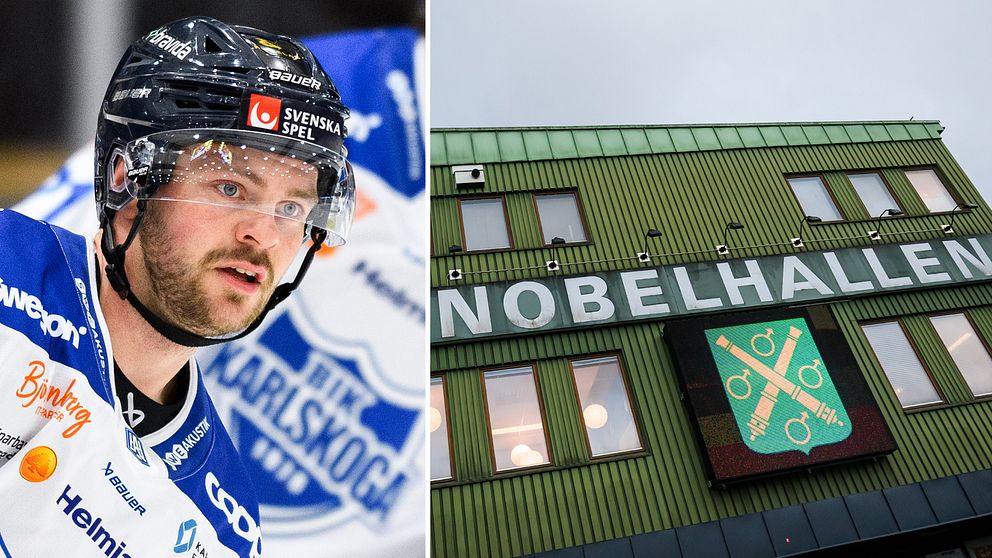 Tvådelad bild. Vänster: ishockeyspelare i Karlskoga-tröja. Höger: byggnaden Nobelhallen.