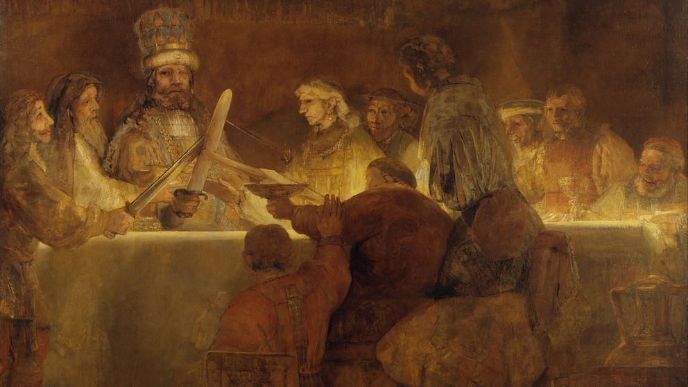 ”Batavernas trohetsed till Claudius Civilis” (1661–1662) av Rembrandt Harmenszoon van Rijn (1606–1669) ägs av Konstakademien men har hängt på Nationalmuseum sedan 1864.