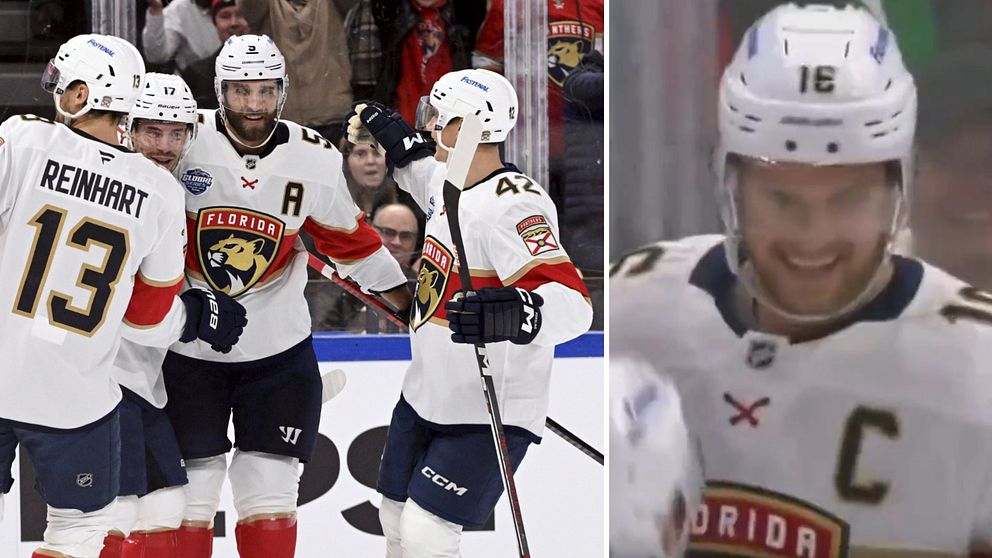 Lagmedlemmar från Florida Panthers firar ett mål, omgivna av jublande fans. En delad bild visar en närbild av en spelare som bär lagets tröja med nummer 16. Den andra delen visar spelare som kramar om en lagkamrat i glädje.