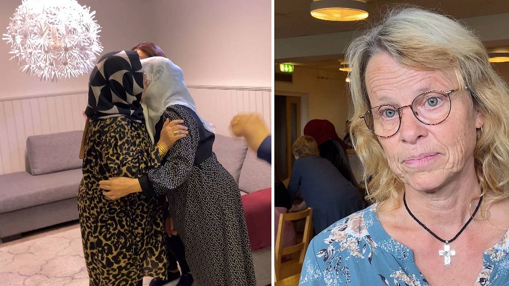 En tvådelad bild, med två kvinnor som kramar varandra till vänster och en porträttbild på Kajsa Wingård till höger.