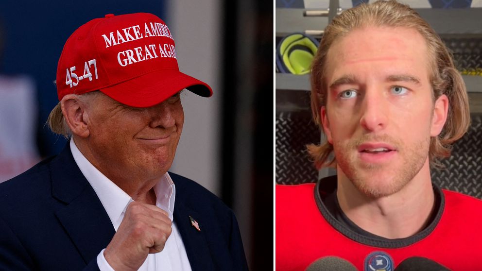 Tvådelad bild. Vänster: person med röd ”Make America Great Again”-keps. Höger: oidentifierbar individ.