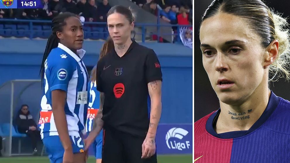 Fotbollsspelare från två motståndarlag står nära varandra på planen under en match. Till höger syns en närbild på halsen av en fotbollsspelare som bär en tröja i blå och röd färg, med en tatuering på halsen synlig.