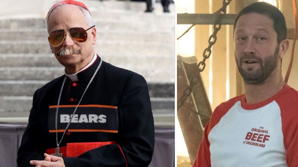 Delad bild. Till vänster: person i kyrkliga kläder med texten ”BEARS”. Till höger: person i rödvit tröja med texten ”BEEF”.