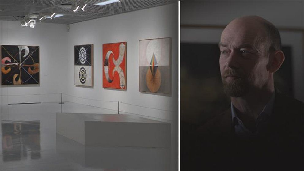 Delad bild. Till vänster: konstverk hänger i ett galleri.