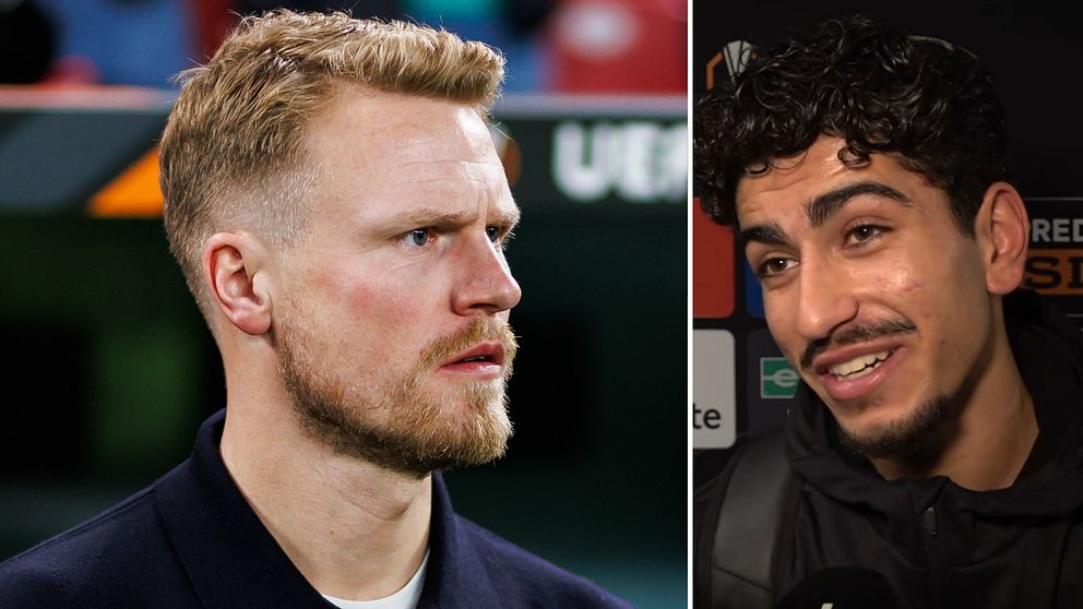 Den delade bilden visar två personer som deltar i olika evenemang. Den vänstra sektionen visar en person i en mörk jacka på en sportarena med en suddig bakgrund, medan den högra sektionen visar en annan person i en mörk klädsel under en intervju, med en diffus bakgrund.