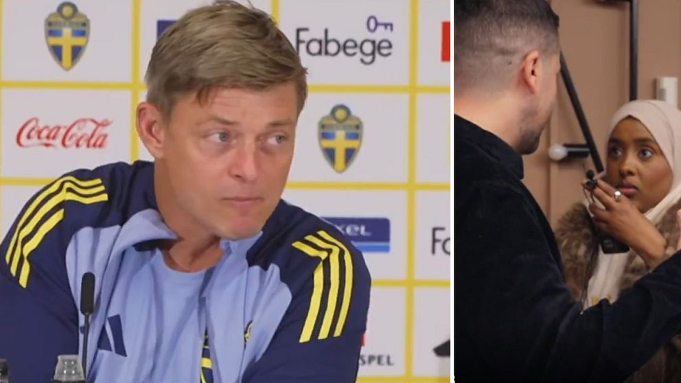 En delad bild som visar en presskonferens. Den vänstra sektionen visar en man i sportkläder som sitter vid ett bord fullt med sponsorskyltar, medan den högra sektionen visar en annan man som håller i en mikrofon och ställer en fråga till en medarbetare.