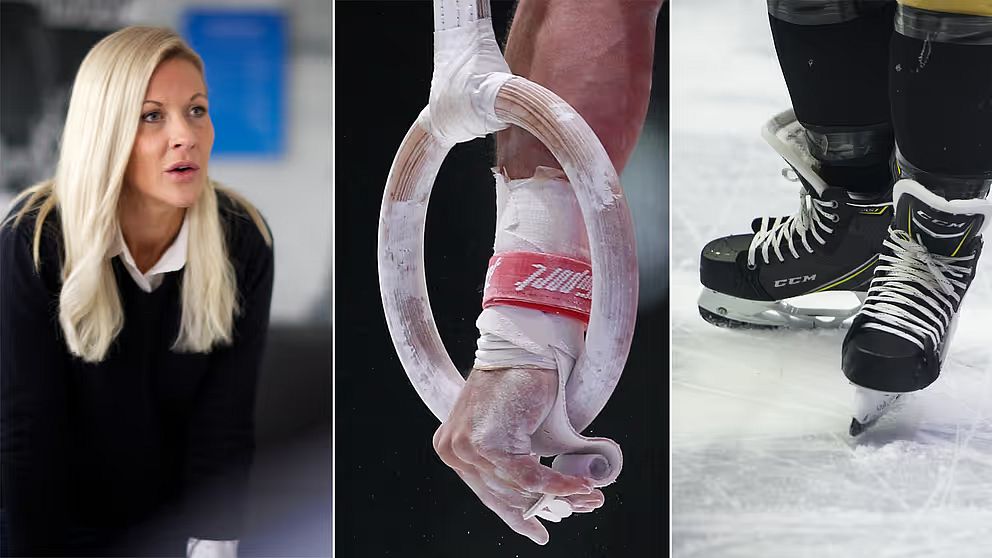 En delad bild som visar tre olika moment. Den vänstra sektionen visar en person i en svart tröja. Den mellersta sektionen visar en närbild av en hand som greppar en gymnastikring med en rem. Den högra sektionen visar ett par skridskor på en isbana.