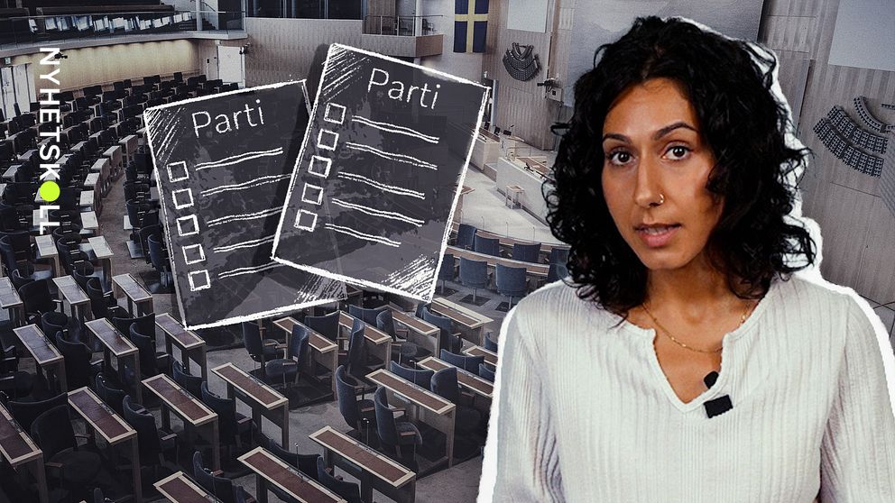 I bakgrunden syns plenisalen i riksdagen. I förgrunden syns två valsedlar som är grafikerade samt Nyhetskolls reporter Viola Fakhari.