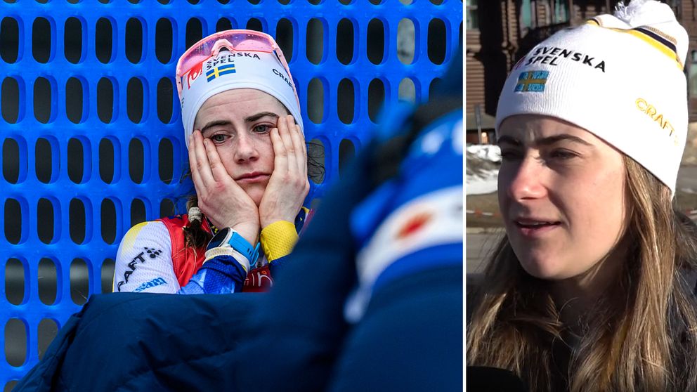 Tvådelad bild. Vänster: Skidåkare i svensk mössa, tävlingsställ. Höger: Person med svensk mössa.