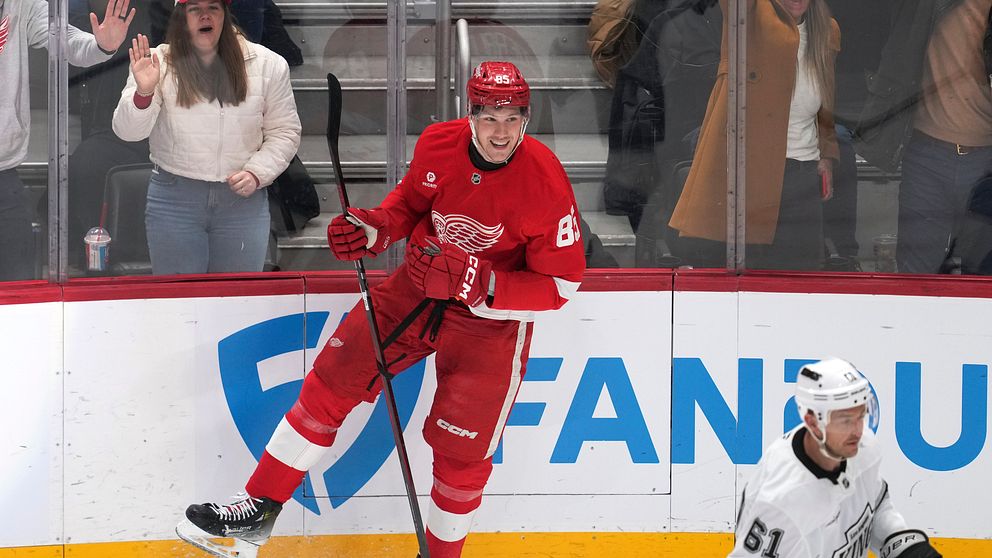 En ishockeyspelare i röd uniform från Detroit Red Wings glider mot rinkens sarg under en match. En annan spelare i vit uniform från det motsatta laget, nummer 61, syns i förgrunden. Publik i bakgrunden hejar på spelarna.