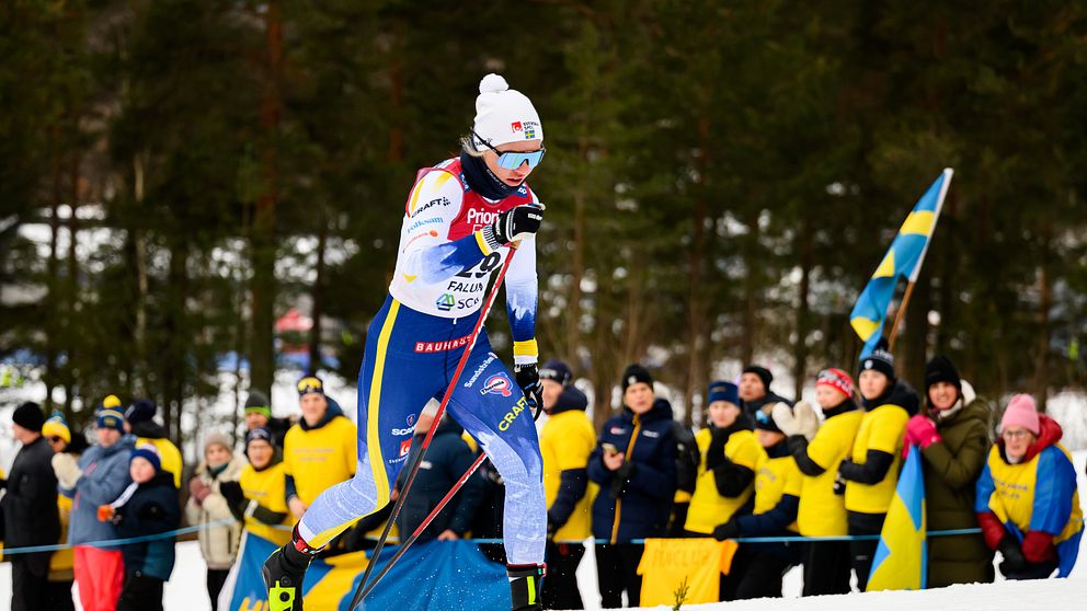En längdskidåkare tävlar i en skidlopp omgiven av åskådare, varav flera bär svenska flaggor och gul-blå kläder.