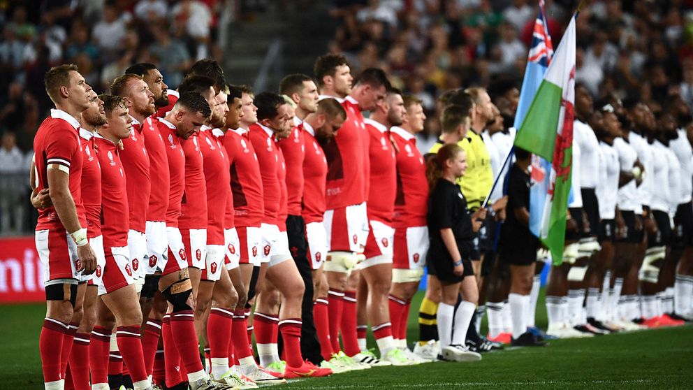 Bild på de walesiska spelarna under VM i Rugby i Frankrike.
