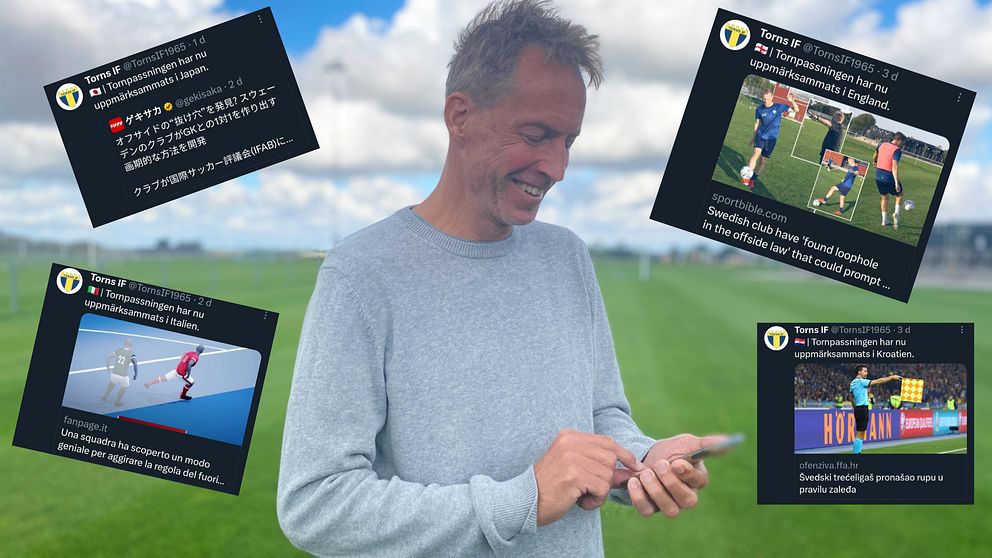 En man tittar på sin telefon och ler. Runtomkring finns tidningsurklipp från olika internationella medier.