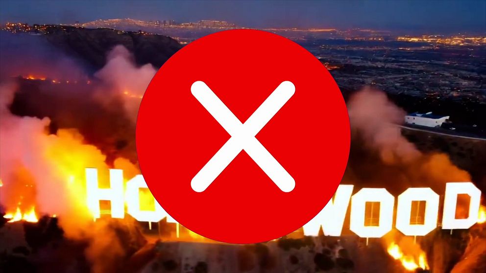 Stort rött kryss över bilder som är fejk enligt SVT Verifierar.