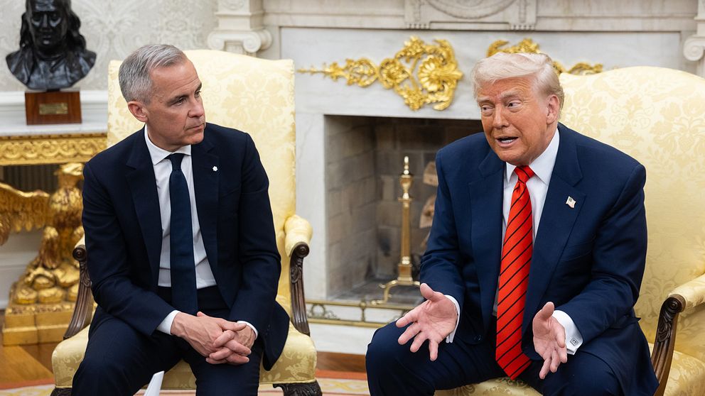 Donald Trump och Mark Carney samtalar formellt i ett elegant rum med öppen spis och marmordekor.