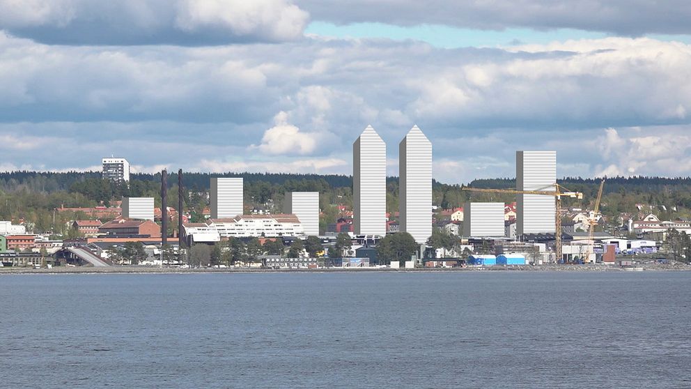 Östersunds skyline med grafik som visar planerade höghus på Bangårdsgatan.