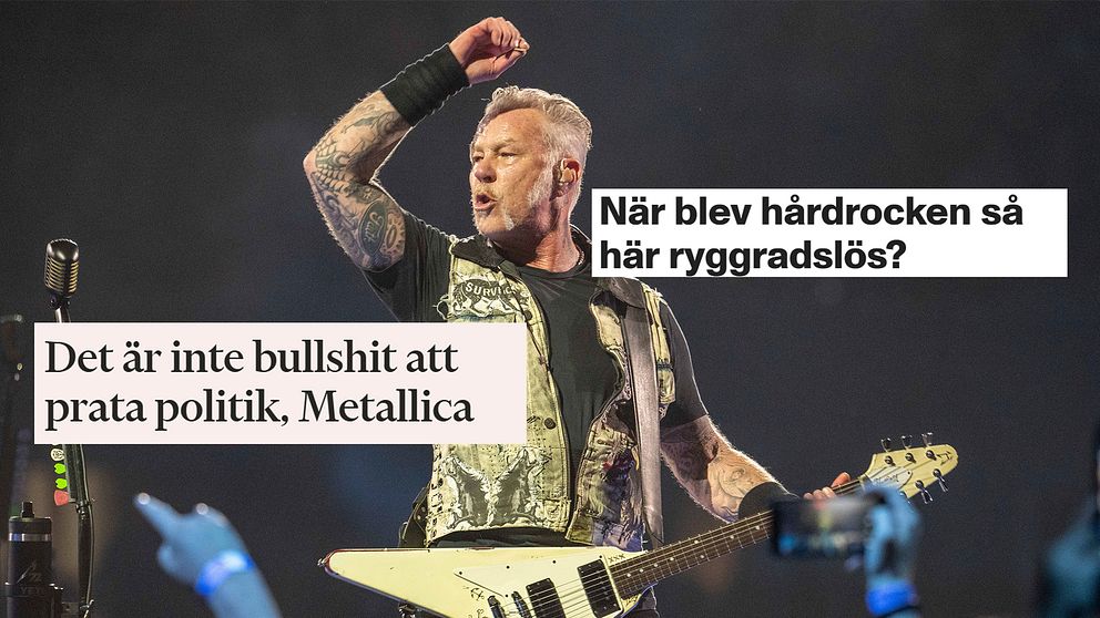 James Hetfield på scen med Metallica, med text om politik och hårdrock