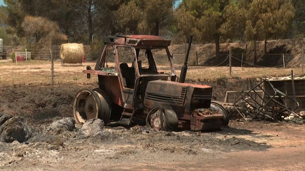 Utbränd traktor vid brandhärjad åker efter värmebölja i Europa