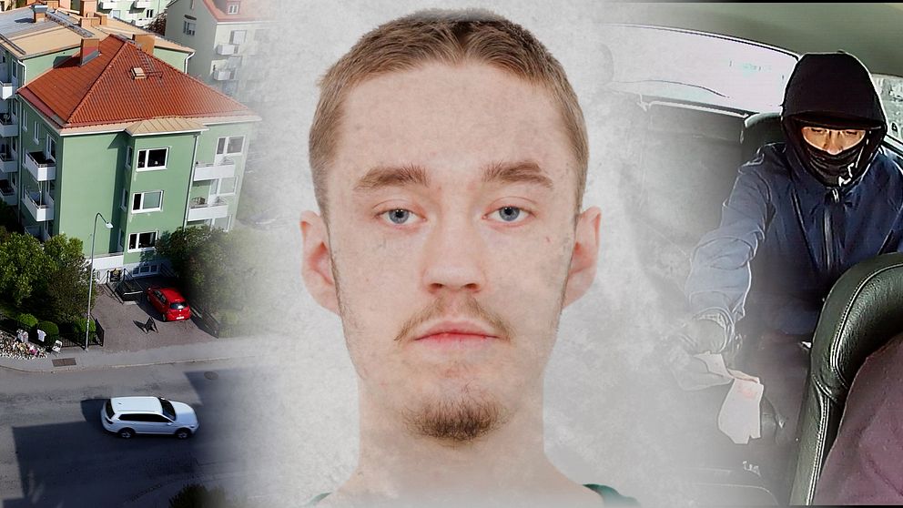 Montage med polisinsats, maskerad man och suddad porträttbild av Fredric Gülich Brendling