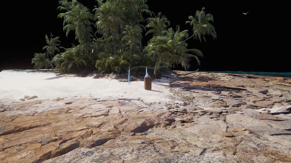 Digitalt genererad bild av sandstrand och palmer på Tuvalu – ett land hotat av stigande havsnivåer.