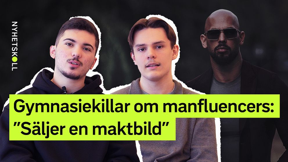 Gymnasiekillar resonerar kring manfluencers. I bild syns även Andrew Tate.