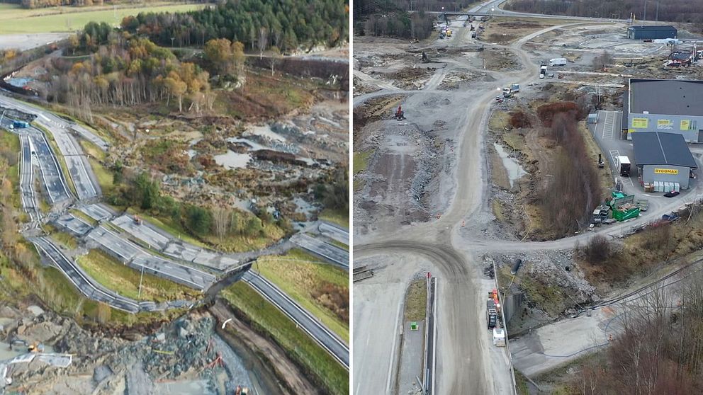 Bilder på raset vid E6 i höjd med Stenungsund, då och i dag.
