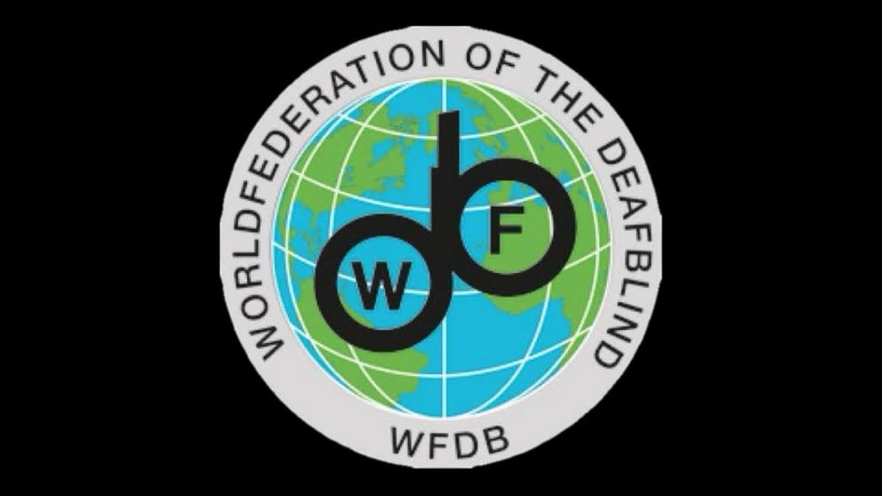 Logotyp för World Federation of the Deafblind, WFDB, mot svart bakgrund.