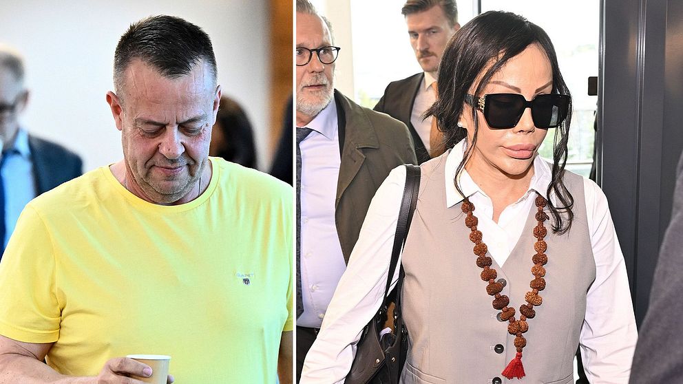 Två personer i olika miljöer, en i gul tröja och en i vit skjorta med halsband.