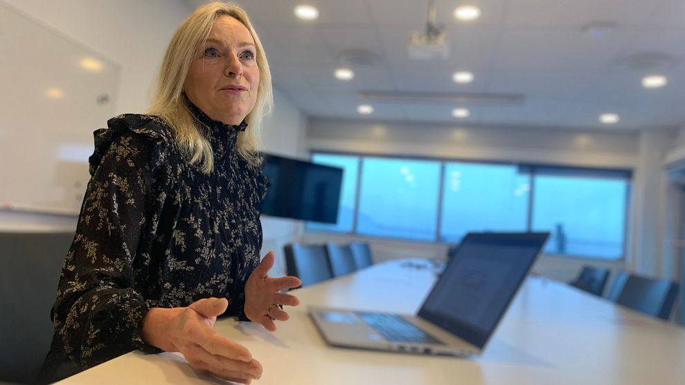Person gestikulerar vid konferensbord med bärbar dator och stor skärm i bakgrunden.