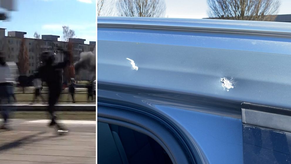 Bild på person som kastar sten mot SVT:s bil och bild skador på SVT:s bil.