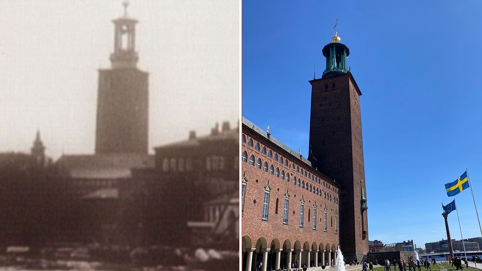 Två bilder på Stadshuset i Stockholm, till vänster en svartvit, grumlig, gammal bild. Till höger en nytagen i färg med blå himmel och en svensk flagga på flaggstång.