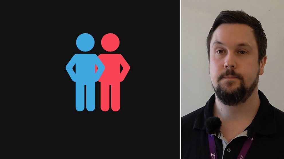 Tvådelad bild: En grafisk illustration av två personer, en är blå och en är röd, som står bredvid varandra, samt Simon Brunner teamledare för Eskilstuna kommuns enhet som utreder felaktiga utbetalningar.