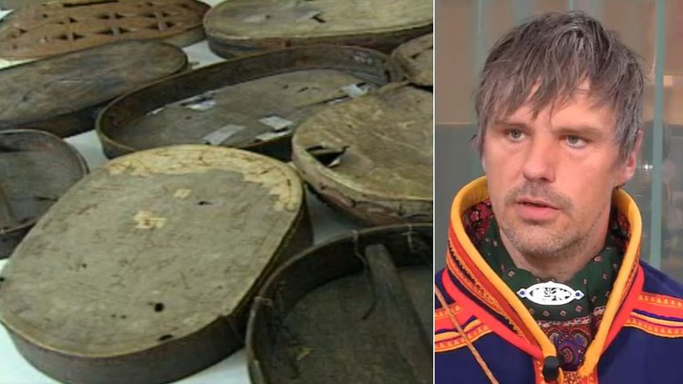 till vänster samiska trummor med sprucket skinn; till höger forskaren Fredrik Prost