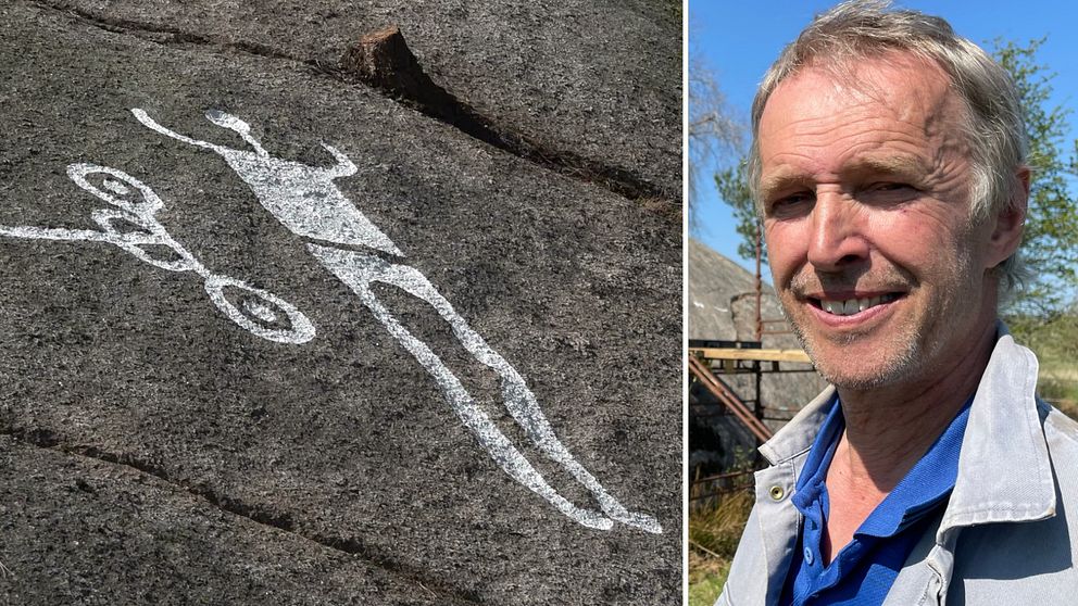 Delad bild. Till vänster: En hällristning. Till höger: En man med blå sjkorta och grå jacka framför hällristningarna i Kville Tanum – de största som hittats på 2000-talet.