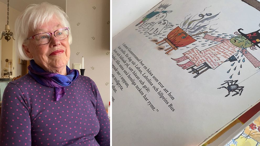 Tvådelad bild: Helena Vermcrantz från föreningen Värmlands-litteratur och en sida från Spöket Laban av författaren Inger Sandberg.
