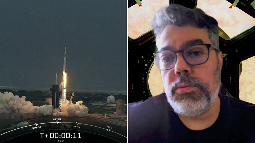 SpaceX rymdraket som skjuts upp mot ISS för Axiom Mission 2 och Rodrigo Coutinho De Almeida, forskare på ESA.