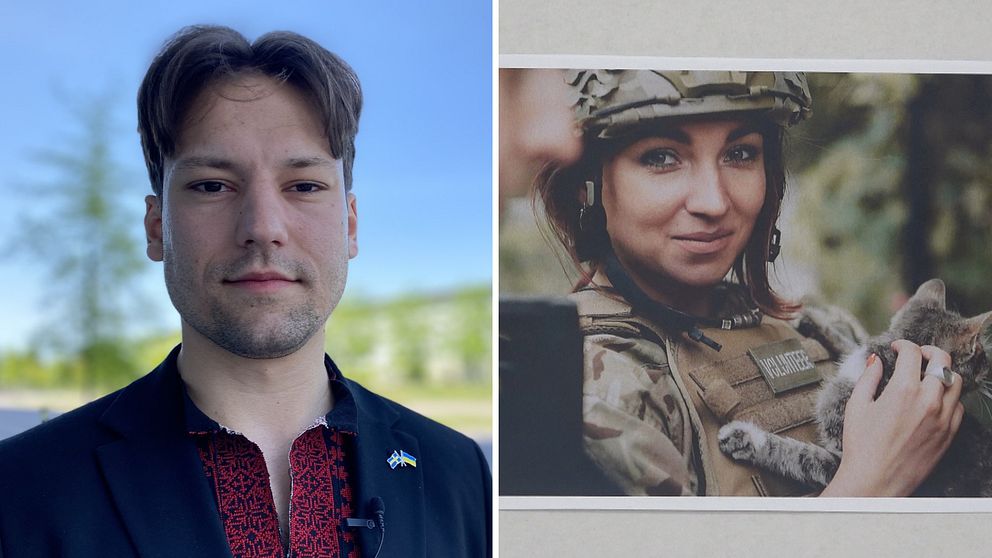 Tvådelad bild: Pavló Melnyk, ordförande i Ukrainska föreningen Östergötland och en bild från en utställning om kriget i Ukraina.
