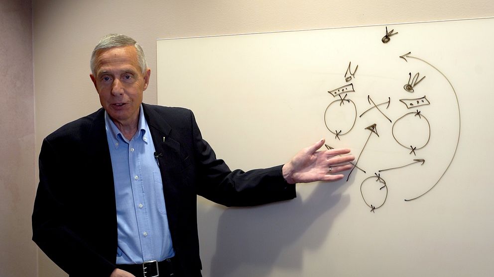 Man i kostym som pekar mot en whiteboardtavla med ringar och pilar uppritade.