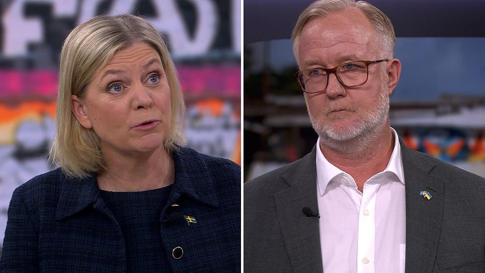 Socialdemokraternas Magdalena Andersson och Liberalernas Johan Pehrson möttes i Aktuellt i samband med Järvaveckan 2023.