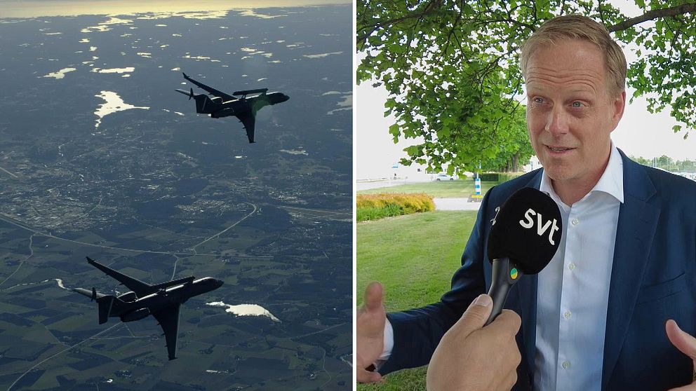 Till vänster: SAABs flygplann i luften. Till höger: Fredrik Follin, chef för Saabs svenska GlobalEye-kampanj.