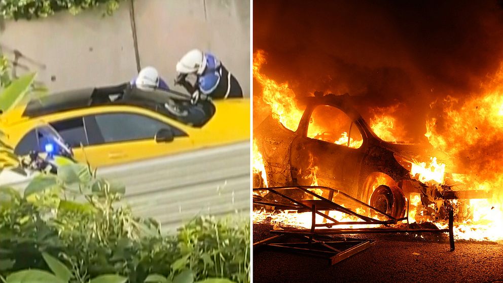 Två poliser riktar deras vapen mot en bil, bredvid en bild på en bil om brinner.